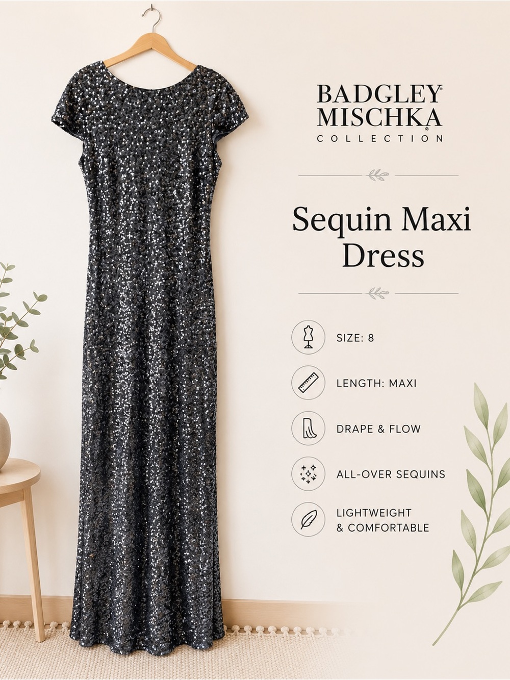 Badgley Mischka Sequin Maxi Gown Gray/Blue Silver Open Back Formal Dress 8
